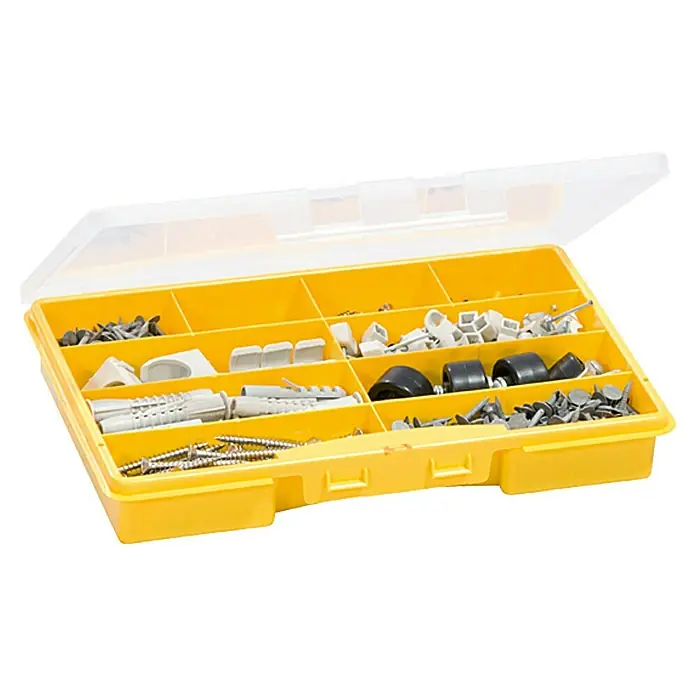 Lockweiler Kleinteilekoffer Ordinus 2-10 - Anzahl Fächer: 10 Stk., 275 x 180 x 41 mm - Ein gelber Sortimentskasten mit transparentem Deckel, gefüllt mit verschiedenen Schrauben, Dübeln und kleinen Werkzeugen. Ideal für die Werkstatt.