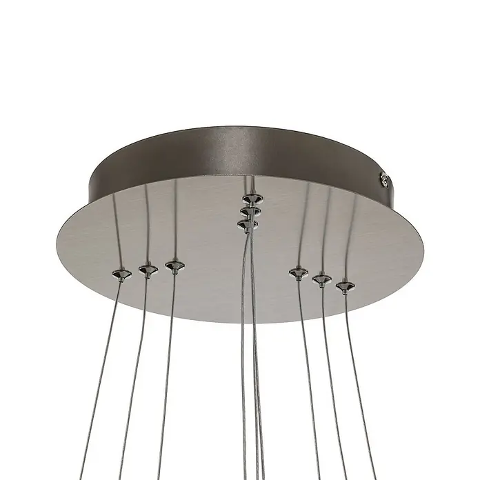 Lucande Pendelleuchte Ezana - L x B x H: 80 x 80 x 150 cm, alu / grau / zink, nickel - Gebürsteter Metall-Baldachin mit dunklem Oberrand und mehreren dünnen Aufhängedrähten für eine Leuchte.
