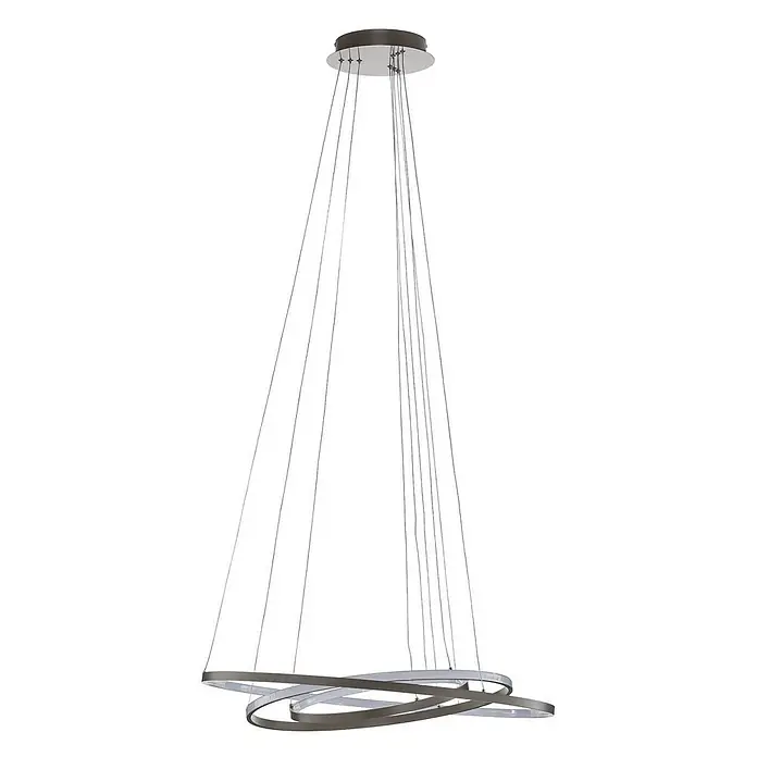 Lucande Pendelleuchte Ezana - L x B x H: 80 x 80 x 150 cm, alu / grau / zink, nickel - Moderne LED-Pendelleuchte mit ineinandergreifenden Ringen aus dunklem Metall, an dünnen Drähten hängend.