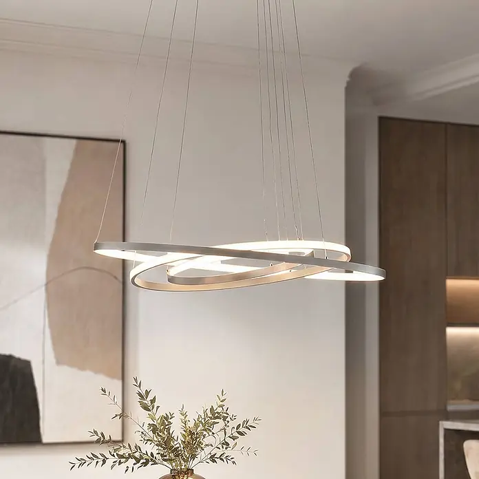 Lucande Pendelleuchte Ezana - L x B x H: 80 x 80 x 150 cm, alu / grau / zink, nickel - Moderne ovale LED-Hängeleuchte mit verbundenen weißen Leuchtringen, von der Decke in einem modernen Ambiente hängend.