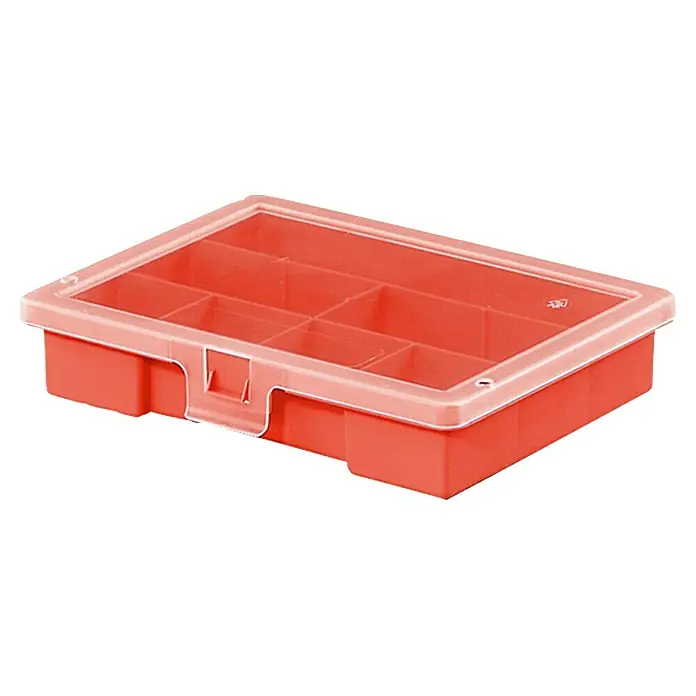 Lockweiler Estuche para piezas pequeñas Ordinus 1-8 - Número de compartimentos: 8 ud., 180 x 150 x 36 mm - La caja de almacenamiento roja con tapa transparente ofrece una solución práctica para piezas pequeñas. Ideal para pasatiempos, taller y hogar.