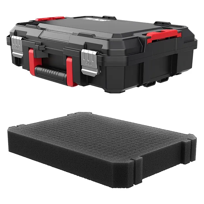 Skil Werkzeugkoffer 2610S01669 - L x B x H: 428 x 342 x 126 mm - Robuster schwarzer Werkzeugkoffer mit roten Verschlüssen und Griff, mit schwarzem Schaumstoffeinsatz.