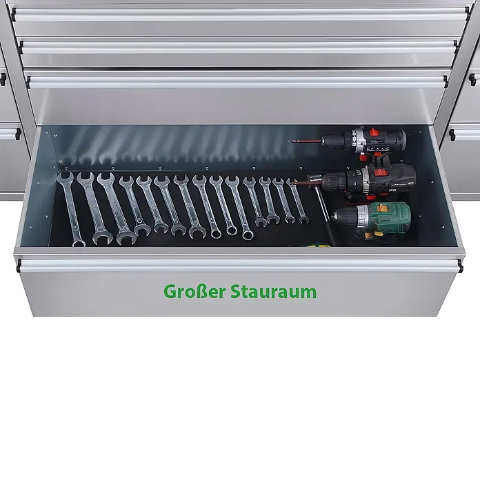 Ondis24 Werkbank Werkstattwagen 198 - L x B: 198 x 48,5 cm, Arbeitshöhe: 950 mm, Belastbarkeit: 501 kg, Edelstahl - Edelstahl-Werkstattschublade gefüllt mit Schraubenschlüsseln und Akkuschraubern, demonstriert großen Stauraum.