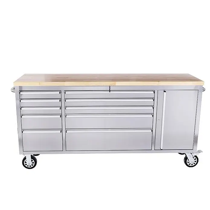 Ondis24 Werkbank Werkstattwagen 198 - L x B: 198 x 48,5 cm, Arbeitshöhe: 950 mm, Belastbarkeit: 501 kg, Edelstahl - Mobiler Edelstahlarbeitswagen mit Holzplatte, mehreren Schubladen und einem Seitenfach auf Rollen.