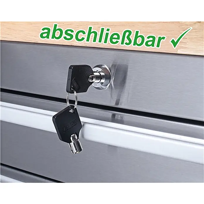 Ondis24 Werkbank Werkstattwagen 198 - L x B: 198 x 48,5 cm, Arbeitshöhe: 950 mm, Belastbarkeit: 501 kg, Edelstahl - Schlüssel im Schloss einer gebürsteten Metallschublade mit Holzplatte.