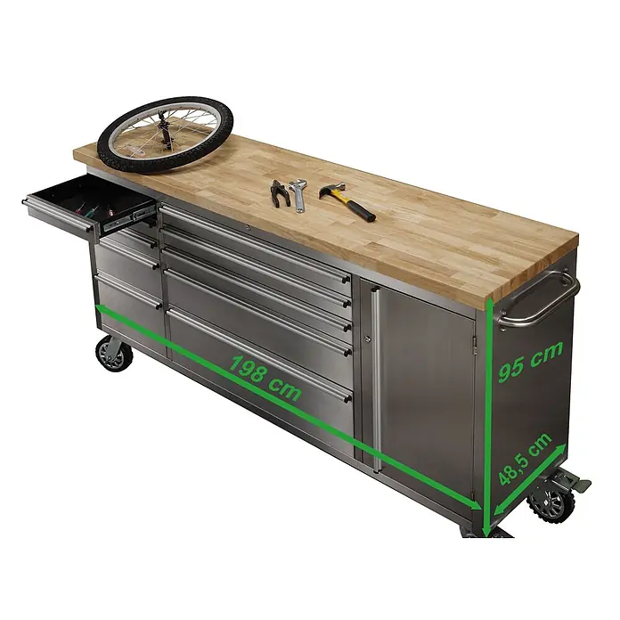 Ondis24 Werkbank Werkstattwagen 198 - L x B: 198 x 48,5 cm, Arbeitshöhe: 950 mm, Belastbarkeit: 501 kg, Edelstahl - Werkbank aus Edelstahl mit Holzplatte, 198x48,5x95 cm, Schubladen, Schrank und Werkzeugen, auf Rollen.