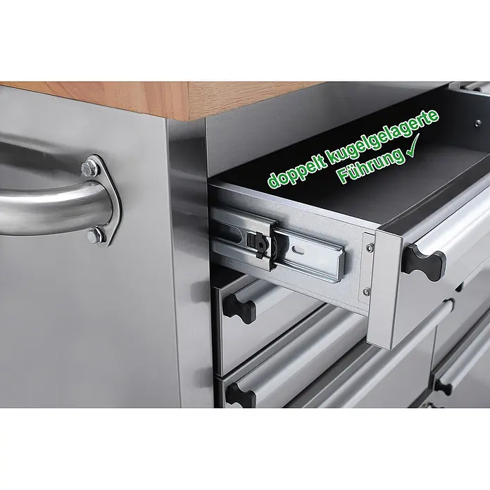 Ondis24 Werkbank Werkstattwagen 198 - L x B: 198 x 48,5 cm, Arbeitshöhe: 950 mm, Belastbarkeit: 501 kg, Edelstahl - Edelstahl-Schubladenschrank mit Holzplatte; eine offene Schublade zeigt doppelt kugelgelagerte Führungen; seitlicher Griff.