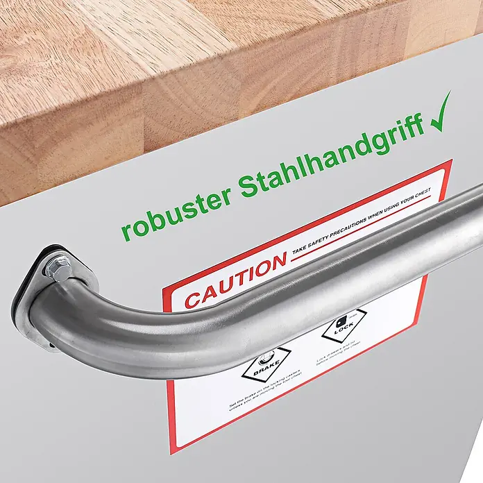 Ondis24 Werkbank Werkstattwagen 198 - L x B: 198 x 48,5 cm, Arbeitshöhe: 950 mm, Belastbarkeit: 501 kg, Edelstahl - Robuster Edelstahlhandgriff an einer Werkbank mit Holzplatte und Sicherheitshinweisen.