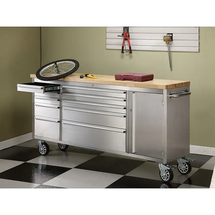 Ondis24 Werkbank Werkstattwagen 198 - L x B: 198 x 48,5 cm, Arbeitshöhe: 950 mm, Belastbarkeit: 501 kg, Edelstahl - Mobiler Werkzeugschrank aus Edelstahl mit Holzplatte, mehreren Schubladen und einem Seitenfach, auf Rollen.