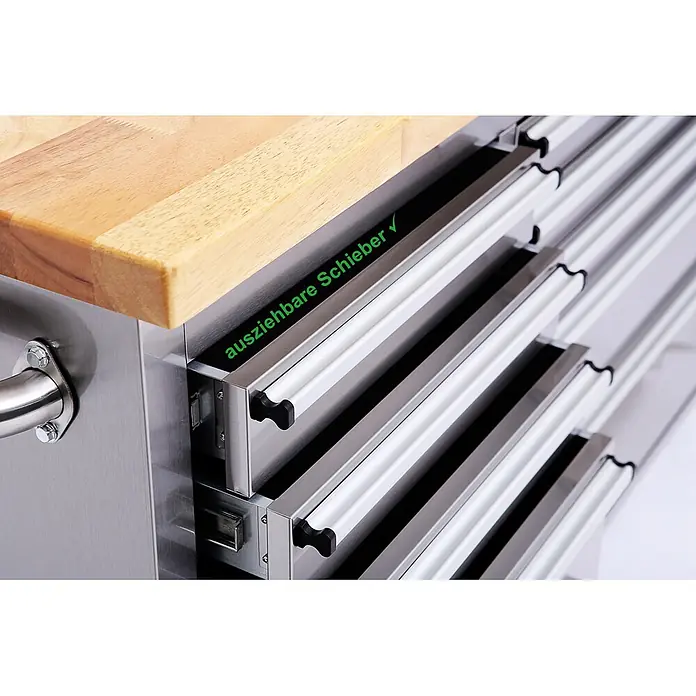 Ondis24 Werkbank Werkstattwagen 198 - L x B: 198 x 48,5 cm, Arbeitshöhe: 950 mm, Belastbarkeit: 501 kg, Edelstahl - Edelstahlschrank mit Massivholzplatte und ausziehbaren Schubladen.
