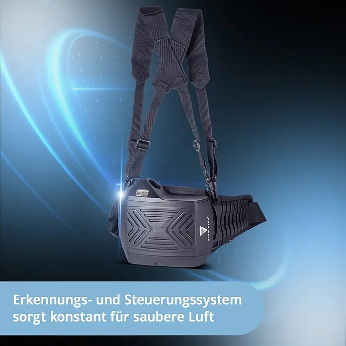 STAHLWERK Schweißhelm BOOSTER AIR Automatik Schweißhelm - Schwarz - Kompaktes dunkelgraues Luftreinigungssystem mit schwarzen Schultergurten für saubere Luft.