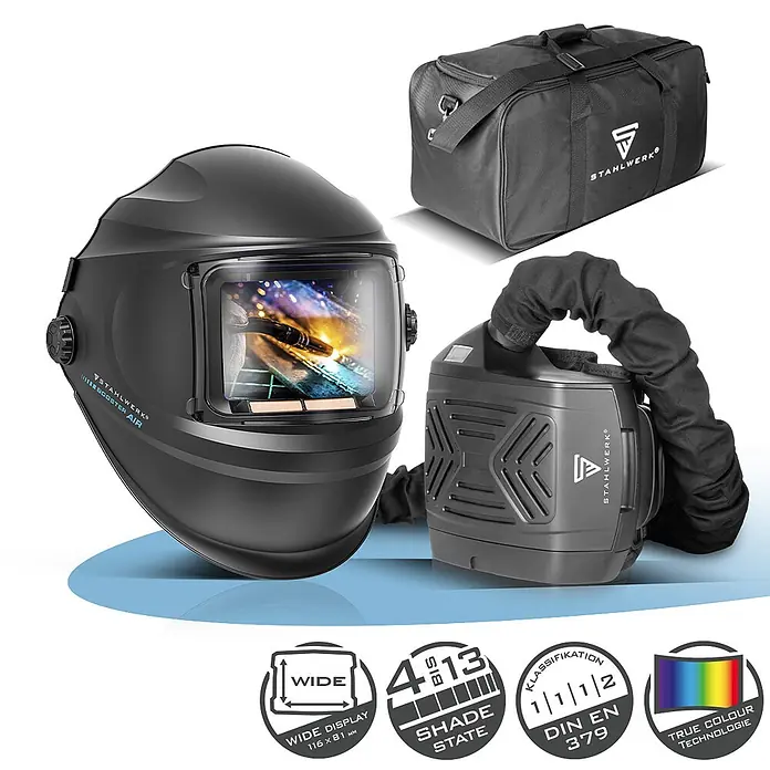 STAHLWERK Schweißhelm BOOSTER AIR Automatik Schweißhelm - Schwarz - Schwarzer STAHLWERK Schweißhelm mit Weitdisplay, PAPR-Gerät und Tragetasche.