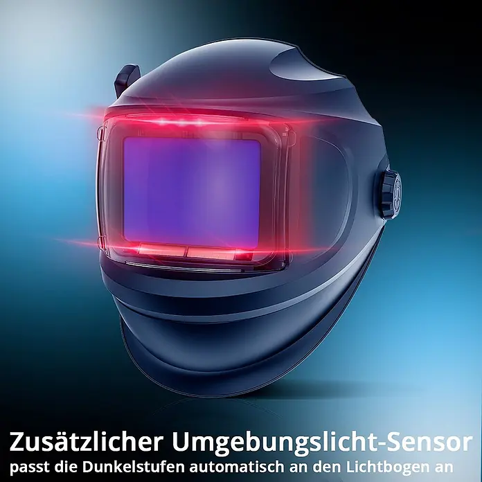STAHLWERK Schweißhelm MASTER AIR Automatik Schweißhelm - Schwarz - Dunkelgrauer Automatik-Schweißhelm mit violetter Blende und roten Lichtsensor-Streifen.