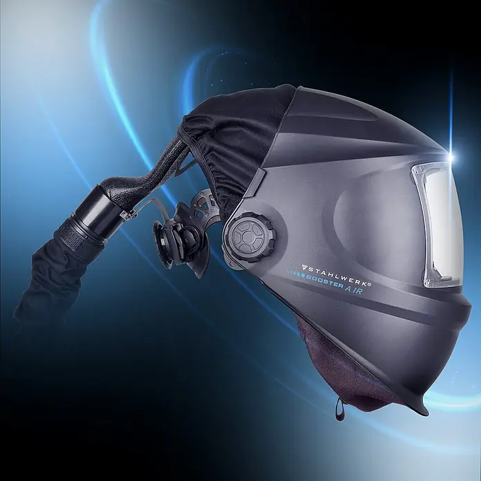 STAHLWERK Schweißhelm BOOSTER AIR Automatik Schweißhelm - Schwarz - Dunkelgrauer STAHLWERK BOOSTER AIR Schweißhelm mit PAPR-System und klarem Visier.