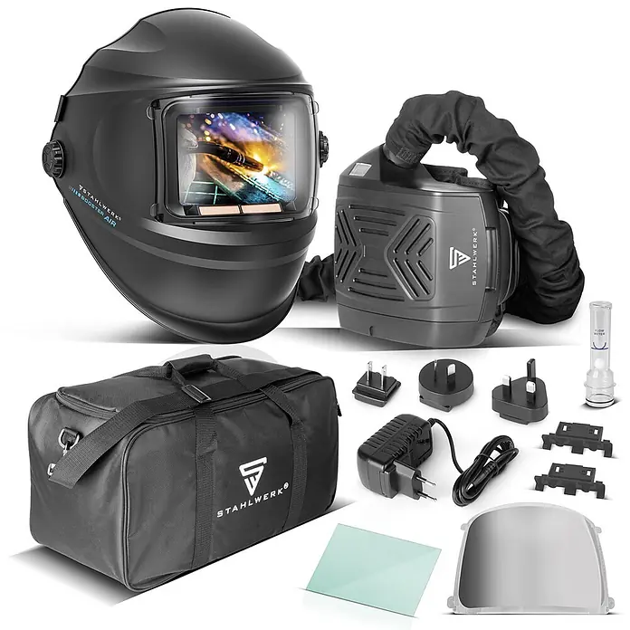 STAHLWERK Schweißhelm BOOSTER AIR Automatik Schweißhelm - Schwarz - Schwarzer Schweißhelm mit Automatik-Blendschutz, PAPR-Einheit, Tasche, Ladegerät und Zubehör für Schweißarbeiten.