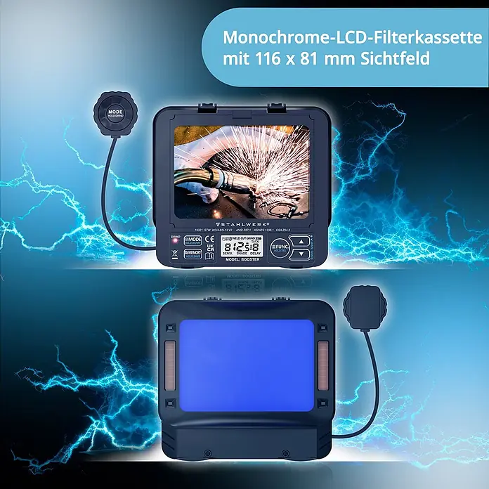STAHLWERK Schweißhelm BOOSTER AIR Automatik Schweißhelm - Schwarz - Dunkelgraue monochromes LCD-Schweißfilterkassette mit Bedienfeld, das Schweißfunken zeigt, und separatem Steuerknopf.