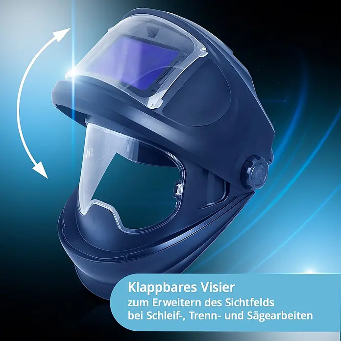 STAHLWERK Schweißhelm MASTER AIR Automatik Schweißhelm - Schwarz - Dunkelblauer Schutzhelm mit aufklappbarem Visier und Auto-Darkening-Linse für Schleif-, Trenn- und Sägearbeiten.