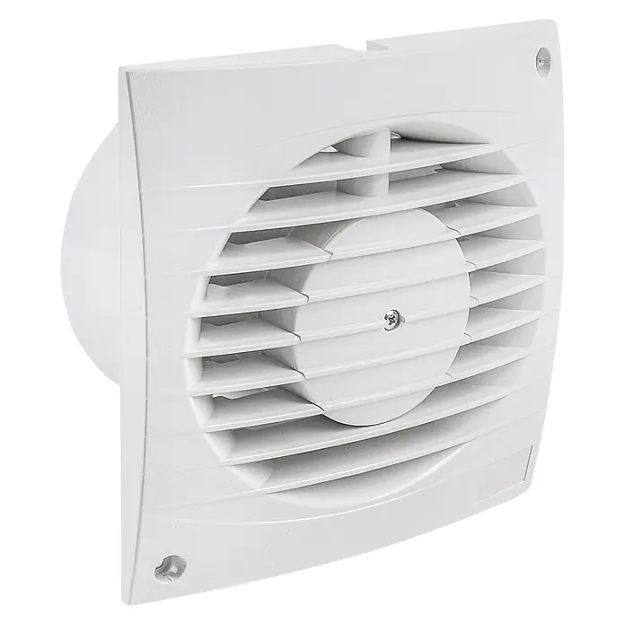 Air-Circle Wandventilator Top Air - Weiß, 10 cm, Ohne Timer - Nahaufnahme eines weißen Abluftventilators mit quadratischer Frontplatte und runden Anschluss für Badezimmer oder Küche.