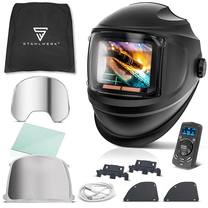 STAHLWERK Schweißhelm Schweißhelm MASTER - Schwarz - Schwarzer Automatik-Schweißhelm mit Fernbedienung, Schutzscheiben, USB-Kabel und Tragetasche.