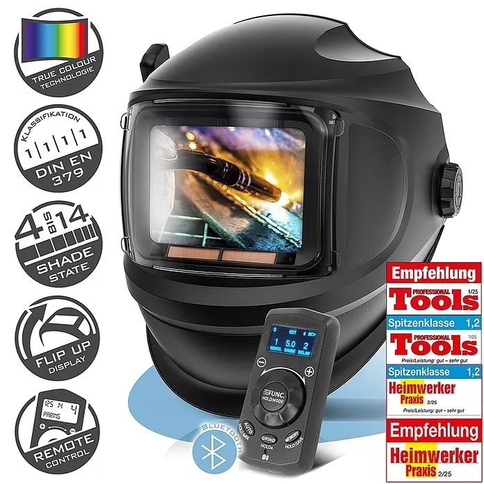 STAHLWERK Schweißhelm Schweißhelm MASTER - Schwarz - Schwarzer Automatik-Schweißhelm mit klarer Anzeige eines Schweißlichtbogens, Fernbedienung und Klappvisier.