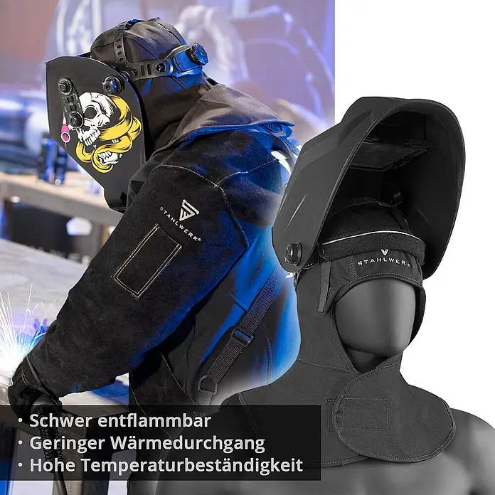 STAHLWERK Schweißhelm Schweißhelm SPLIT + Schweißhaube - schwarz - Schwarze flammhemmende Schweißerschutzhaube und Ärmel, getragen von einem Schweißer und auf einem Mannequin präsentiert.
