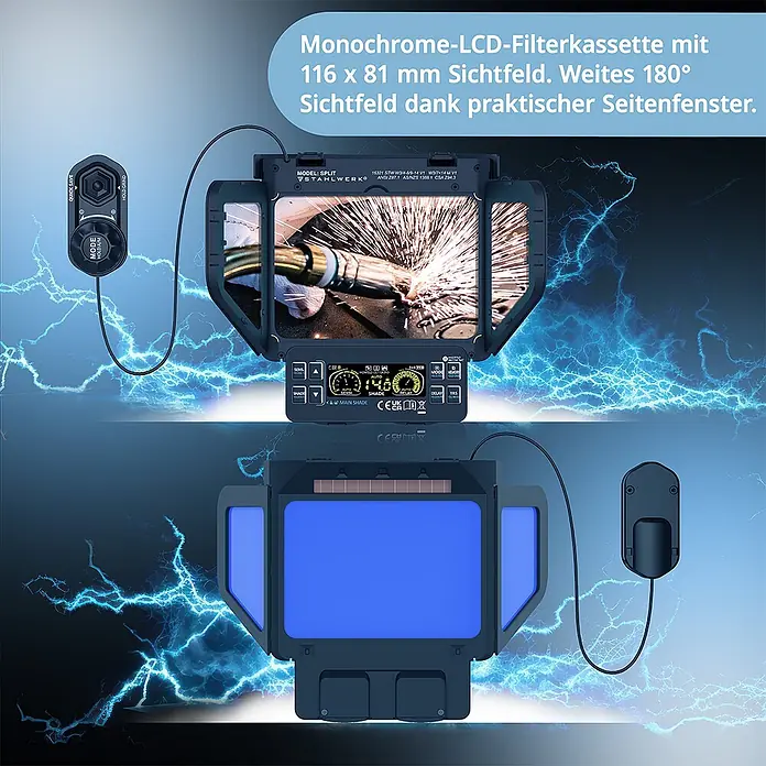 STAHLWERK Schweißhelm Schweißhelm SPLIT + Schweißhaube - schwarz - Dunkle LCD-Filterkassette für Schweißhelme mit 180° Sichtfeld durch Seitenfenster und externer Steuerung.