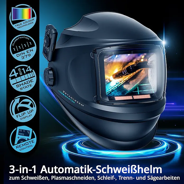 STAHLWERK Schweißhelm Schweißhelm MASTER + Schweißhaube - Schwarz - Ein dunkelgrauer Automatik-Schweißhelm mit transparentem Sichtfenster, das einen hellen Schweißbogen zeigt. Merkmale wie 'Shade State 4-14' sind daneben dargestellt.