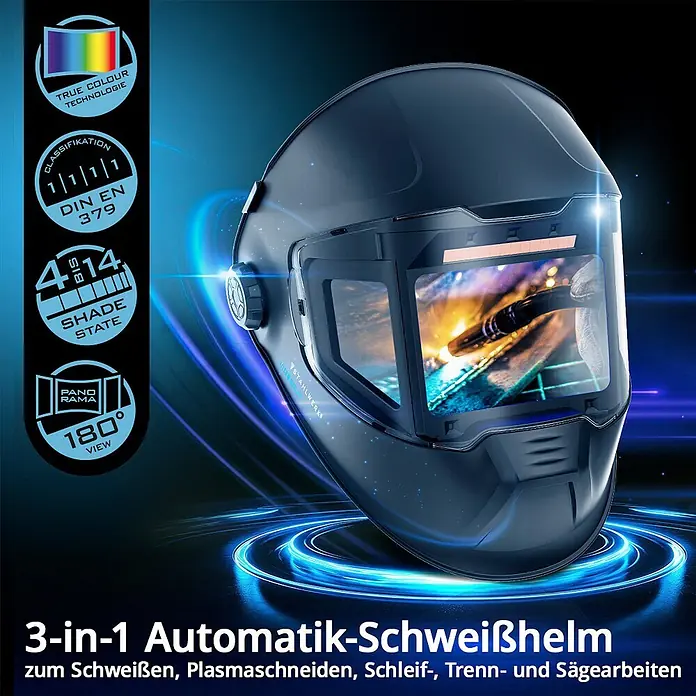 STAHLWERK Schweißhelm Schweißhelm SPLIT + Schweißhaube - schwarz - 3-in-1 Automatik-Schweißhelm mit True Colour, 180°-Panoramablick, Schutzstufen 4-14 und Schweißlichtbogen im Visier.