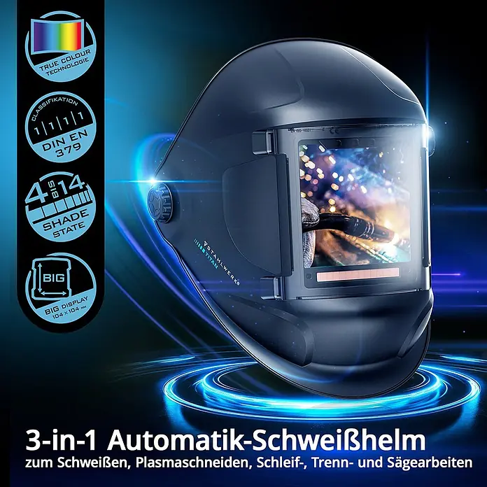 STAHLWERK Schweißhelm Schweißhelm TITAN + Schweißhaube - Schwarz - Dunkelblauer STAHLWERK TITAN 3-in-1 Automatik-Schweißhelm mit True Color Technologie und Schutzstufe 4-14 Display.