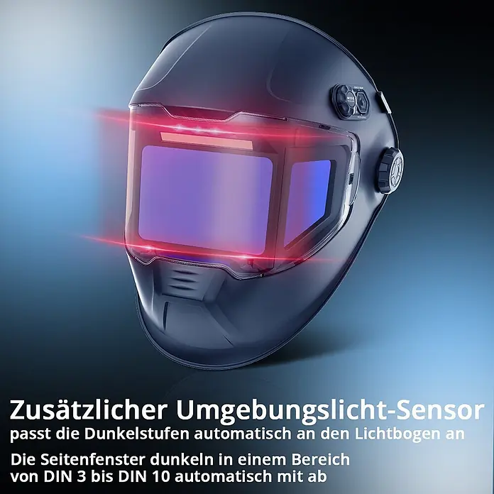 STAHLWERK Schweißhelm Schweißhelm SPLIT + Schweißhaube - schwarz - Schwarzer Automatik-Schweißhelm mit Umgebungslichtsensor und Seitenfenstern, die automatisch von DIN 3 bis DIN 10 abdunkeln.