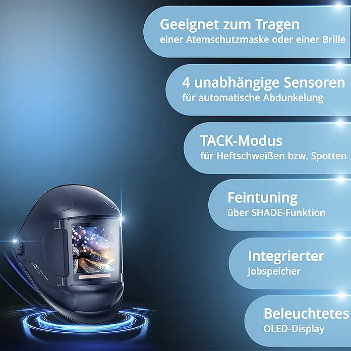 STAHLWERK Schweißhelm Schweißhelm TITAN + Schweißhaube - Schwarz - Ein dunkelgrauer Schweißhelm mit klarem Visier, der im Inneren einen hellen Schweißlichtbogen zeigt.