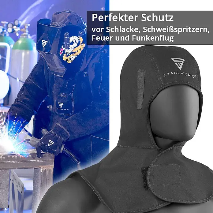 STAHLWERK Schweißhelm Schweißhelm SPLIT + Schweißhaube - schwarz - Dunkelgraue Schweißhaube (Sturmhaube) mit Stahlwerk-Logo, auf Schaufensterpuppe und beim Schweißer vor Schlacke und Funken schützend.