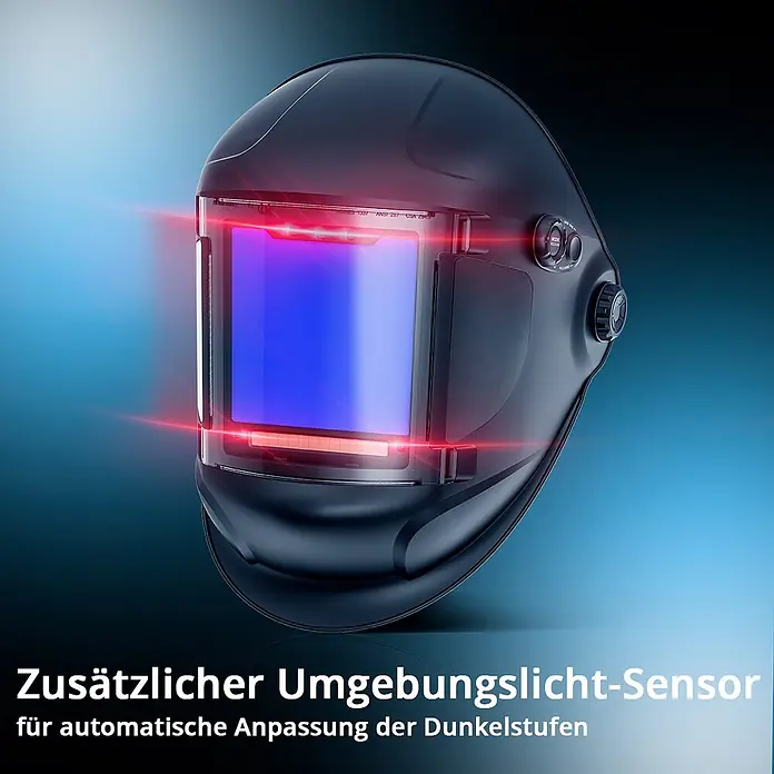 STAHLWERK Schweißhelm Schweißhelm TITAN + Schweißhaube - Schwarz - Schwarzer Automatik-Schweißhelm mit blauem Visier, hervorgehoben durch rote Lichtstrahlen, die einen Umgebungslichtsensor für die automatische Abdunkelung zeigen.