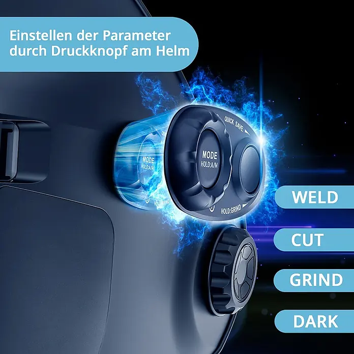 STAHLWERK Schweißhelm Schweißhelm RAPTOR - schwarz - Dunkler Schweißhelm mit beleuchtetem seitlichem Drehknopf zur Moduswahl (Schweißen, Schneiden, Schleifen, Dunkel) und Quick-Save.