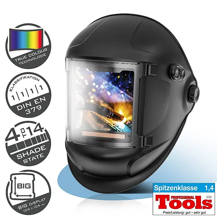 STAHLWERK Schweißhelm Schweißhelm TITAN - Schwarz - Schwarzer Automatik-Schweißhelm mit einer aktiven Schweißszene im großen Sichtfeld.