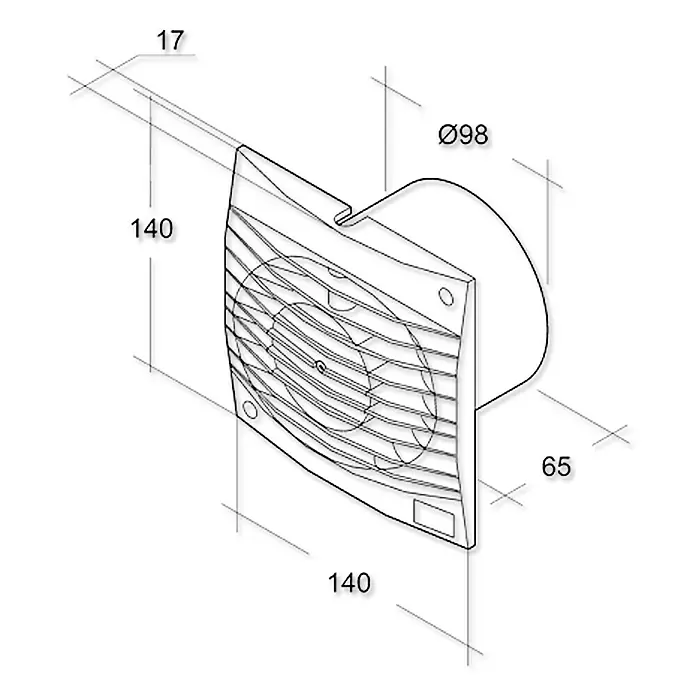 Air-Circle Wandventilator Top Air - Weiß, 10 cm, Mit Timer - Abbildung eines Abluftventilators mit Maßangaben. Die Maße des Ventilators sind 140x140mm, der Durchmesser beträgt 98mm und die Tiefe 65mm.