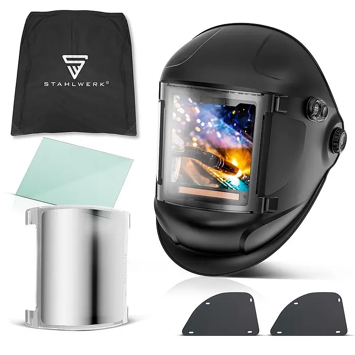 STAHLWERK Schweißhelm Schweißhelm TITAN - Schwarz - Schwarzer Automatik-Schweißhelm mit Schweißlichtbogendarstellung, Schutzbeutel und Ersatz-Schutzscheiben (klar/dunkel).