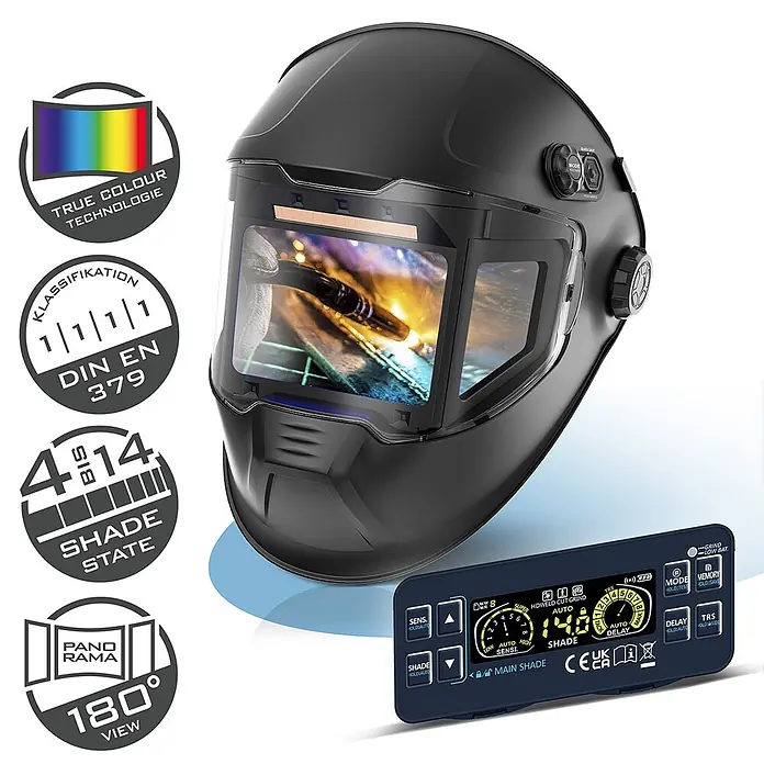 STAHLWERK Schweißhelm Schweißhelm SPLIT - Schwarz - Schwarzer Automatik-Schweißhelm mit großem Sichtfeld, Schweißlichtbogen-Anzeige und externem Digitalbedienfeld.