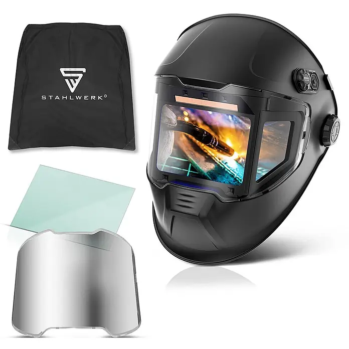 STAHLWERK Schweißhelm Schweißhelm SPLIT - Schwarz - Schwarzer Schweißhelm mit Schweißansicht im Visier, inklusive schwarzer Tragetasche, grüner Schutzfolie und klarem Ersatzvisier.