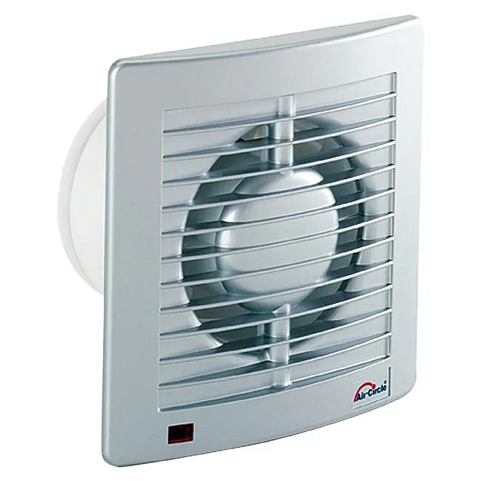 Air-Circle Wandventilator Air Style - Luftleistung: 295 m³/h, Edelstahl, Durchmesser: 15 cm, Economic-Timer - Nahaufnahme eines silbernen Air-Circle-Lüfters für die Wandmontage mit horizontalen Lamellen und einer roten Anzeigeleuchte.