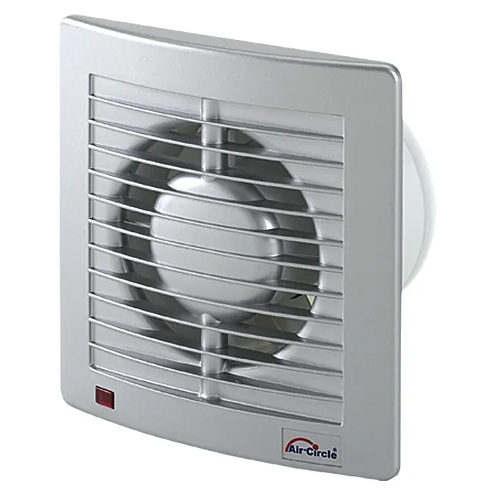 Air-Circle Wandventilator Air Style - Edelstahl, Durchmesser: 10 cm - Ein silberner Air-Circle-Ventilator mit quadratischer Blende und horizontalen Lamellen für eine effiziente Luftzirkulation in Innenräumen.