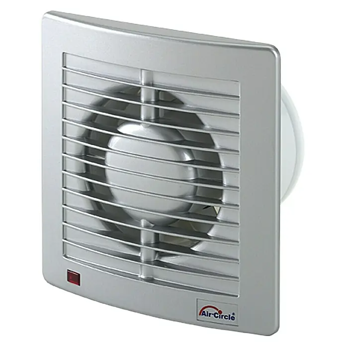 Air-Circle Wandventilator Air Style - Edelstahl, Durchmesser: 10 cm - Ein silberner Air-Circle-Ventilator mit quadratischer Blende und horizontalen Lamellen für eine effiziente Luftzirkulation in Innenräumen.