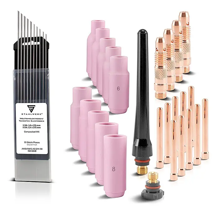 STAHLWERK Schweißzubehör-Set Set 36-teilig WP-26 WIG Schweißzubehör - 36 -tlg. - WIG Schweißzubehör-Set mit Wolframelektroden, rosa Gaslinsen, Spannhülsen und Spannhülsenkörpern.