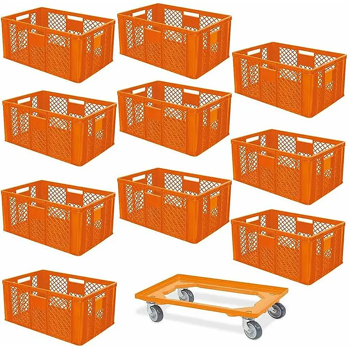 BRB Euroboxen-Set - L x B x H: 60 x 40 x 32 cm, Kunststoff, orange/orange, 11 Stk. - Neun orangefarbene Kunststoff-Lagerkisten und ein passender orangefarbener Kunststoff-Rollwagen mit Rädern.