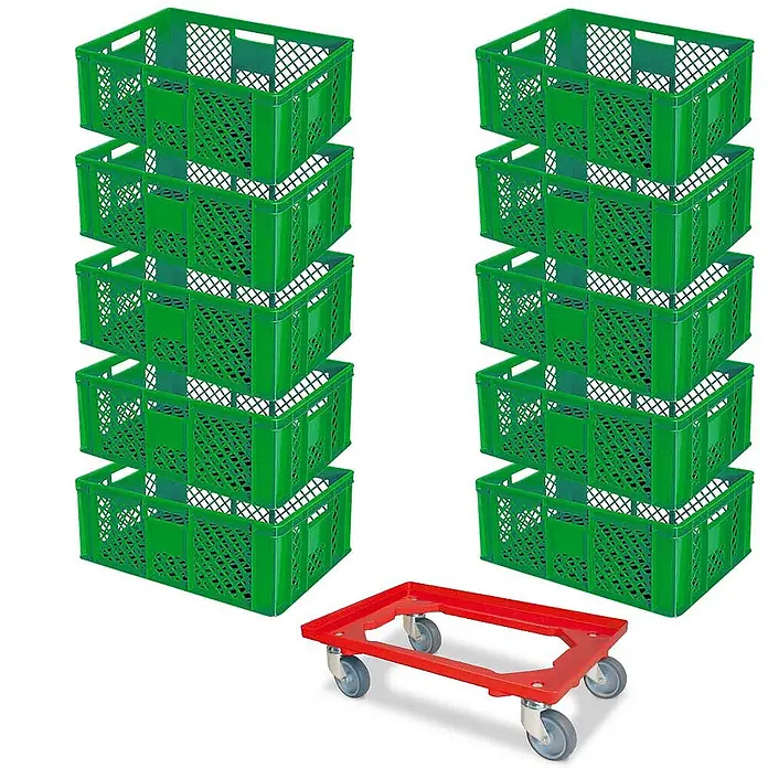BRB Euroboxen-Set - L x B x H: 60 x 40 x 24 cm, Kunststoff, grün/rot, 11 Stk. - Zwei Stapel grüne Kunststoff-Stapelbehälter und ein roter Rollwagen.