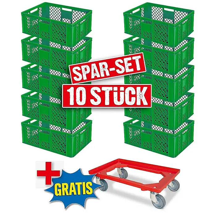 BRB Euroboxen-Set - L x B x H: 60 x 40 x 24 cm, Kunststoff, grün/rot, 11 Stk. - Zehn grüne Kunststoffkisten gestapelt, inklusive rotem Rollwagen.