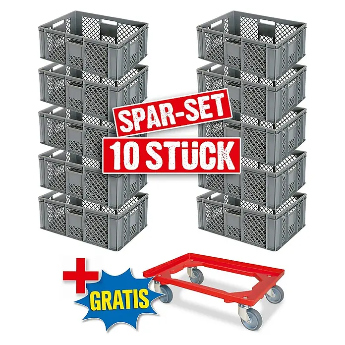 BRB Euroboxen-Set - L x B x H: 60 x 40 x 24 cm, Kunststoff, grau/rot, 11 Stk. - Spar-Set: 10 graue Kunststoff-Stapelbehälter und gratis rote Rollplatte.