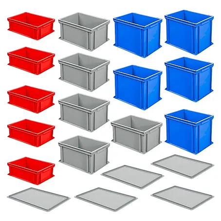 BRB 15x Stapelbox / Eurokästen in 3 Größen / 3 Farben LxB 40x30 cm, je 5x 17, 22, 32 cm hoch + 5x Auflagedeckel!