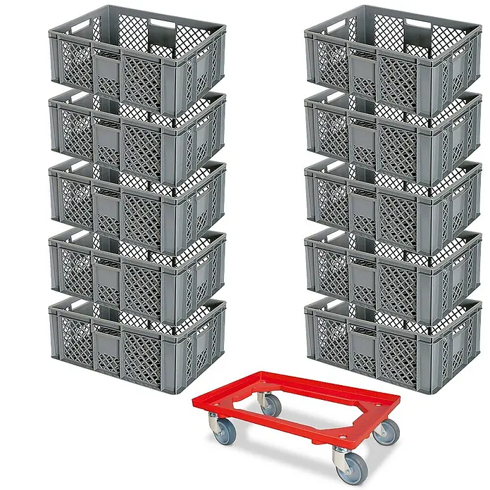 BRB Euroboxen-Set - L x B x H: 60 x 40 x 24 cm, Kunststoff, grau/rot, 11 Stk. - Zwei Stapel grauer Kunststoff-Lagerkisten und ein roter Transportroller.