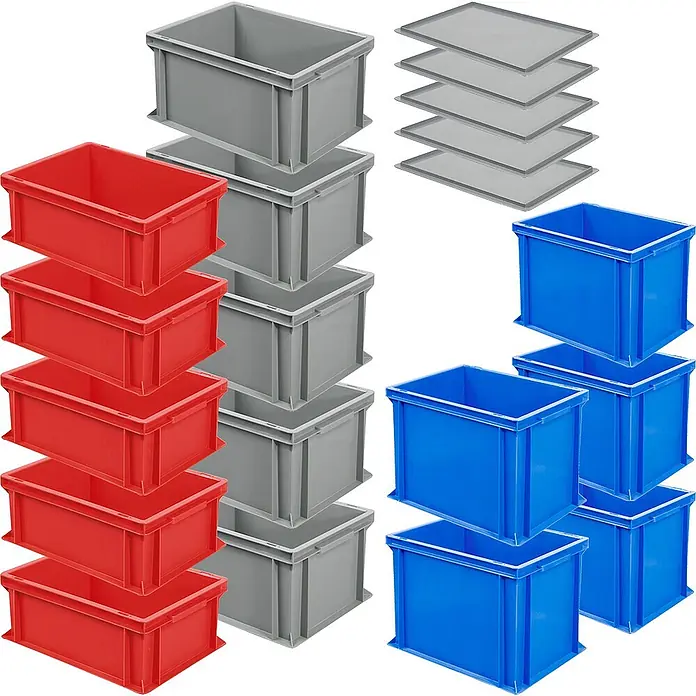BRB 15x Stapelbox / Eurokästen in 3 Größen / 3 Farben LxB 40x30 cm, je 5x 17, 22, 32 cm hoch + 5x Auflagedeckel! -  - Set aus grauen, roten und blauen Kunststoff-Stapelboxen mit passenden grauen Deckeln.